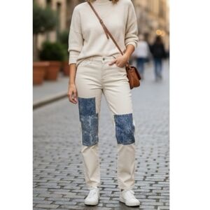 NWTStyle & Co.Women's jeans high-rise straight Leg off-white  decorative patches